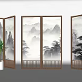 Traditional Wooden Room Divider With Ink Mountain Landscape Painting And Decorative Partition
