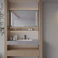 Modern Minimalist Bathroom Vanity With Wooden Frame Marble Countertop Mirror Toiletries And Potted Plant