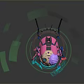 Biomechanical Character With Purple Hair Green Goggles Mechanical Antennas And Floating Green Cubes