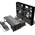 Modern Office Desk Interior With Wooden Cabinet Shelf Two Chairs And Office Supplies