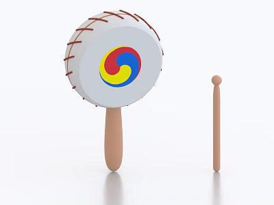 Traditional Wooden Drum With Red Blue Yellow Yin Yang Symbol And Drumstick 3d model