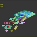 Blue Cocoa Candies Scattered From Open Bag With Various Shapes On Black Background