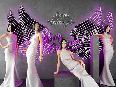Models In White Long Dresses With Pink Neon Fairy Wings And Grey Background 3d model