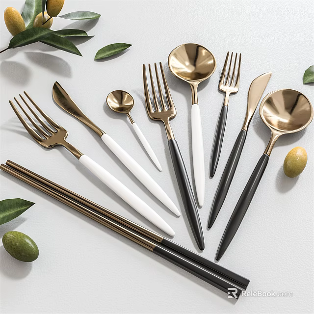 Modern Cutlery Set with Gold White Black Handles Forks Spoons Knives Chopsticks and Olives 3d model 