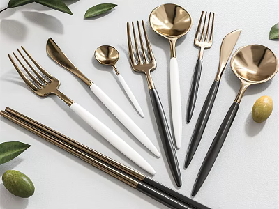 Modern Cutlery Set with Gold White Black Handles Forks Spoons Knives Chopsticks and Olives 3d model