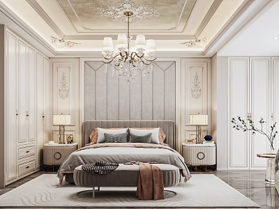Elegant Modern Bedroom Interior With White Wardrobes Crystal Chandelier Nightstands And Ottoman 3d model