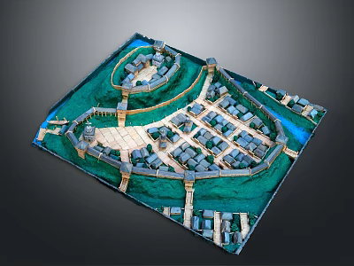 3D Model Scenery of Ancient Town with Surrounding Water Walls and Bridges 3d model