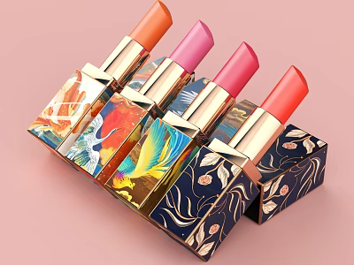 Elegant Cosmetics Display Featuring Four Lipsticks With Colorful Patterned Cases Golden Tubes And Pink Background 3d model