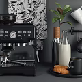 Organized Modern Kitchenware Display On Shelves With Hanging Mugs Jars And Coffee Machine