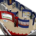 Exhibition Hall Interior Design With Red Blue Walls Display Posters White Counters And Marble Floors
