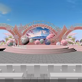 Pink Cherry Blossom Decorated Stage With Arched Structures Blue Sky And Mountain View 3d model