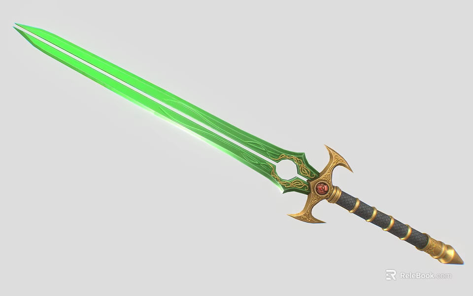 Fantasy Green Blade Sword With Golden Hilt Red Gemstone And Decorative Details 3d model 