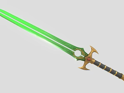 Fantasy Green Blade Sword With Golden Hilt Red Gemstone And Decorative Details 3d model
