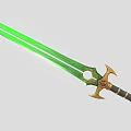 Fantasy Green Blade Sword With Golden Hilt Red Gemstone And Decorative Details