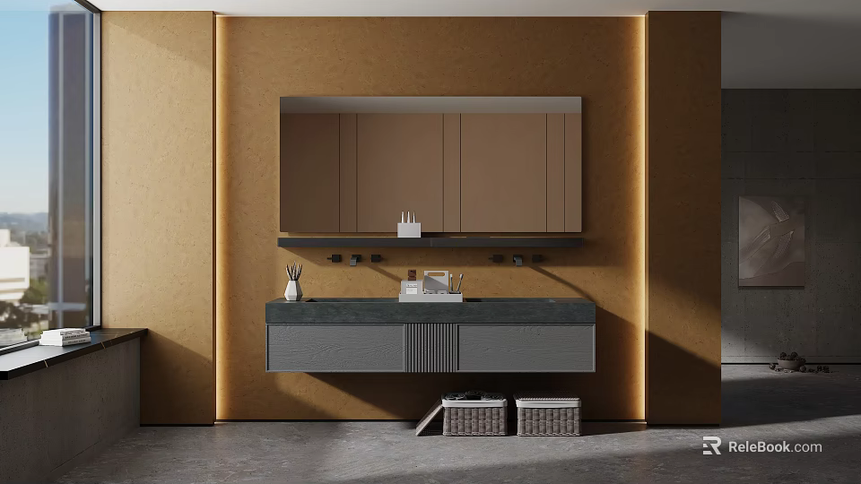 Modern Gray Bathroom Vanity With Large Mirror Black Marble Countertop Golden Wall And Basket Storage 3d model 