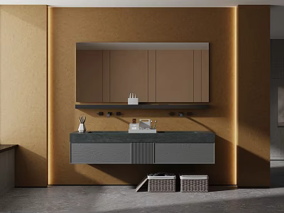 Modern Gray Bathroom Vanity With Large Mirror Black Marble Countertop Golden Wall And Basket Storage 3d model
