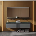 Modern Gray Bathroom Vanity With Large Mirror Black Marble Countertop Golden Wall And Basket Storage