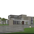 Modern Detached Villa Exterior Design With Large Windows And Courtyard Garden