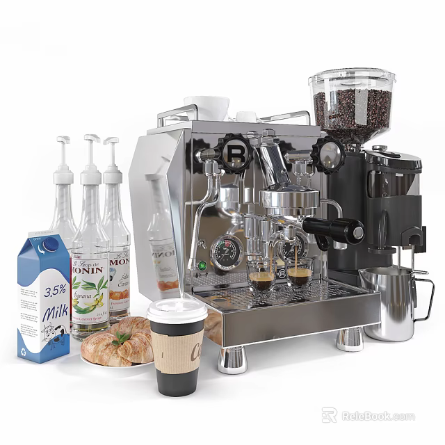 Modern Stainless Steel Coffee Machine With Milk Carton Syrup Bottles Pastries And Coffee Cup 3d model 