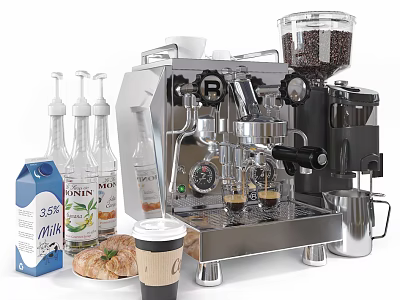 Modern Stainless Steel Coffee Machine With Milk Carton Syrup Bottles Pastries And Coffee Cup 3d model