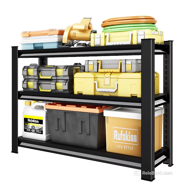 Sturdy Storage Shelf with Assorted Storage Bins Toolboxes and Plastic Containers 3d model 
