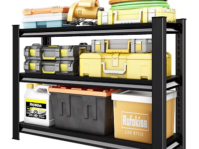 Sturdy Storage Shelf with Assorted Storage Bins Toolboxes and Plastic Containers 3d model