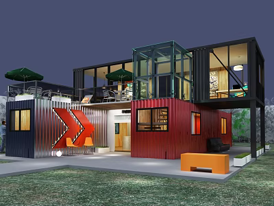 Modern Container Building Design With Colorful Containers Glass Walls And Outdoor Terrace 3d model