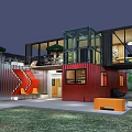 Modern Container Building Design With Colorful Containers Glass Walls And Outdoor Terrace