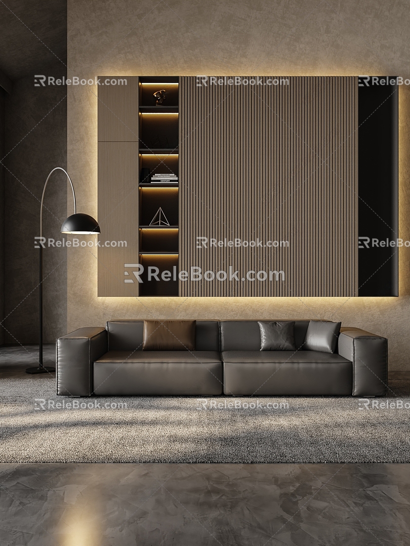 Double sofa sofa background wall floor lamp ornaments 3d model