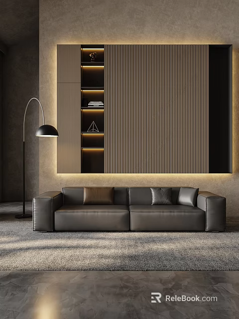Elegant Modern Two-seater Leather Sofa With Wooden Panel Wall Floor Lamp And Lit Bookshelf 3d model 