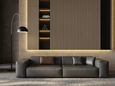 Elegant Modern Two-seater Leather Sofa With Wooden Panel Wall Floor Lamp And Lit Bookshelf 3d model