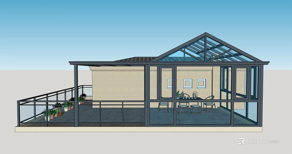 Modern Villa Balcony with Glass Roof Leisure Seating and Potted Plants 3d model 