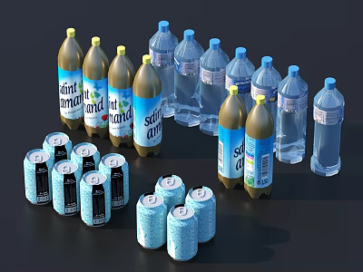 Sparkling Water Beverages With Blue And Brown Bottles And Cans 3d model