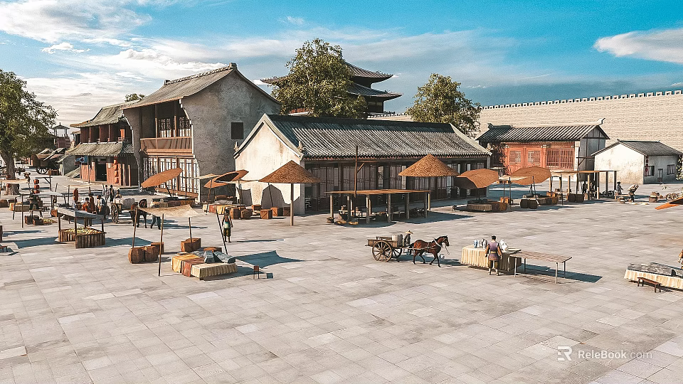 Traditional Ancient Architecture Courtyard Square With Horse-Drawn Carriage Pedestrians Blue Sky And White Clouds 3d model 