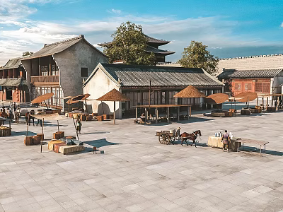 Traditional Ancient Architecture Courtyard Square With Horse-Drawn Carriage Pedestrians Blue Sky And White Clouds 3d model
