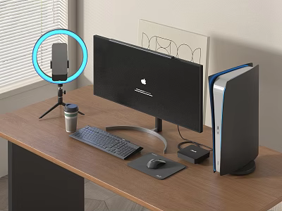 Wooden Desk Computer Setup With Apple Monitor Keyboard Mouse Desktop Tower And Ring Light Microphone 3d model