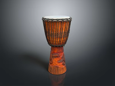 Decorative Wooden Drum With Intricate Carved Base And Woven Rope For Home Use 3d model