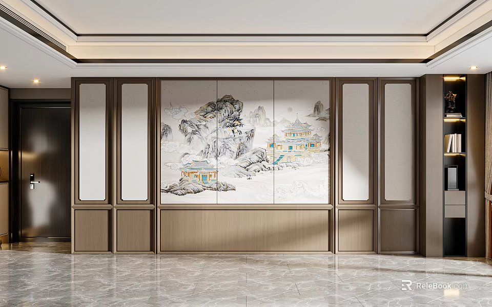 Chinese Style Sofa Background Wall With Landscape Mural 3d model