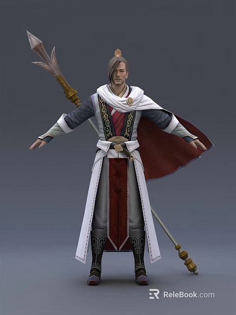 Mythical Ancient Role In Robe Cloak With Dragon Embellished Staff And Open Arms 3d model