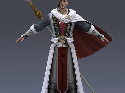 Mythical Ancient Role In Robe Cloak With Dragon Embellished Staff And Open Arms 3d model