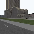 Tall Modern Office Building With Classical Style Base Large Windows And Decorative Top
