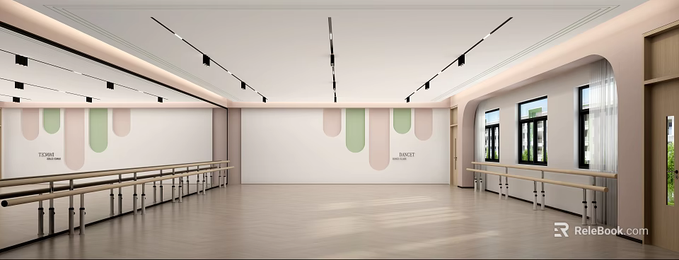 Fitness Dance Studio With Track Lights Wooden Floor Ballet Barres And Colorful Geometric Decor 3d model 