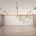 Fitness Dance Studio With Track Lights Wooden Floor Ballet Barres And Colorful Geometric Decor