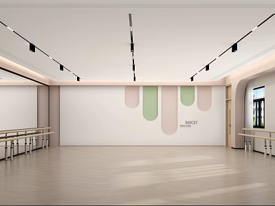 Fitness Dance Studio With Track Lights Wooden Floor Ballet Barres And Colorful Geometric Decor 3d model