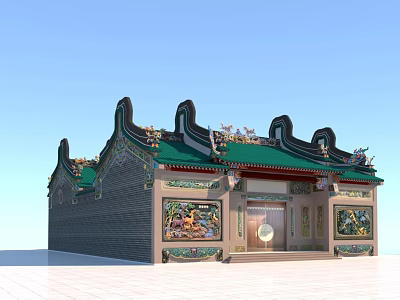 Traditional Ancient Architecture With Green Roof Ornate Eaves And Colorful Decorations 3d model