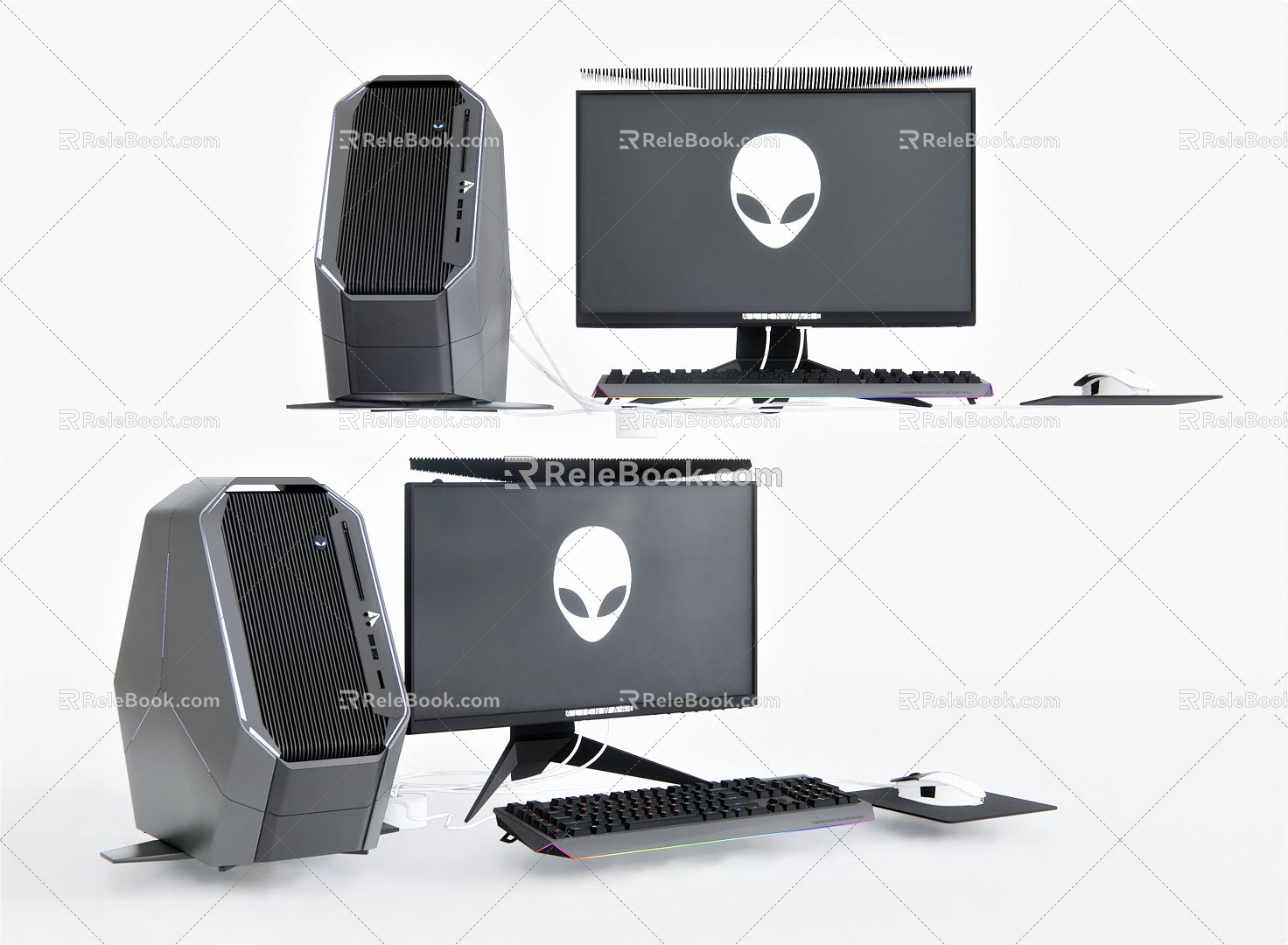 Modern computer desktop chassis computer host alien computer computer screen mouse keyboard 3d model