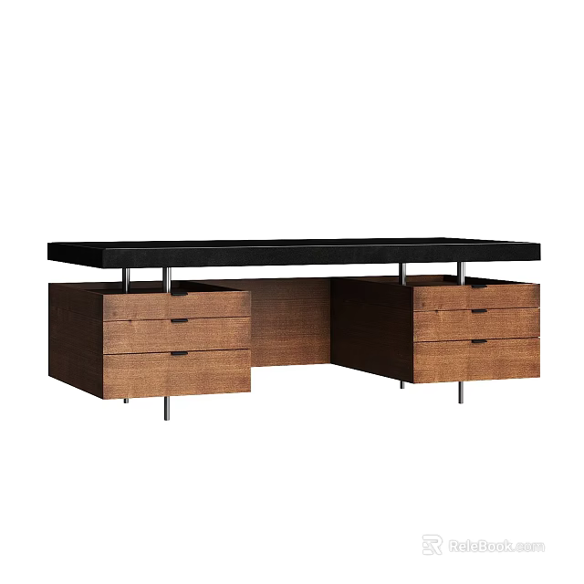 Modern Office Desk With Black Tabletop Wooden Drawers And Metal Legs 3d model 