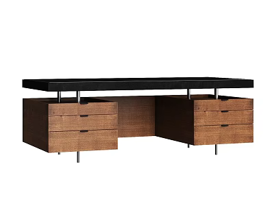 Modern Office Desk With Black Tabletop Wooden Drawers And Metal Legs 3d model