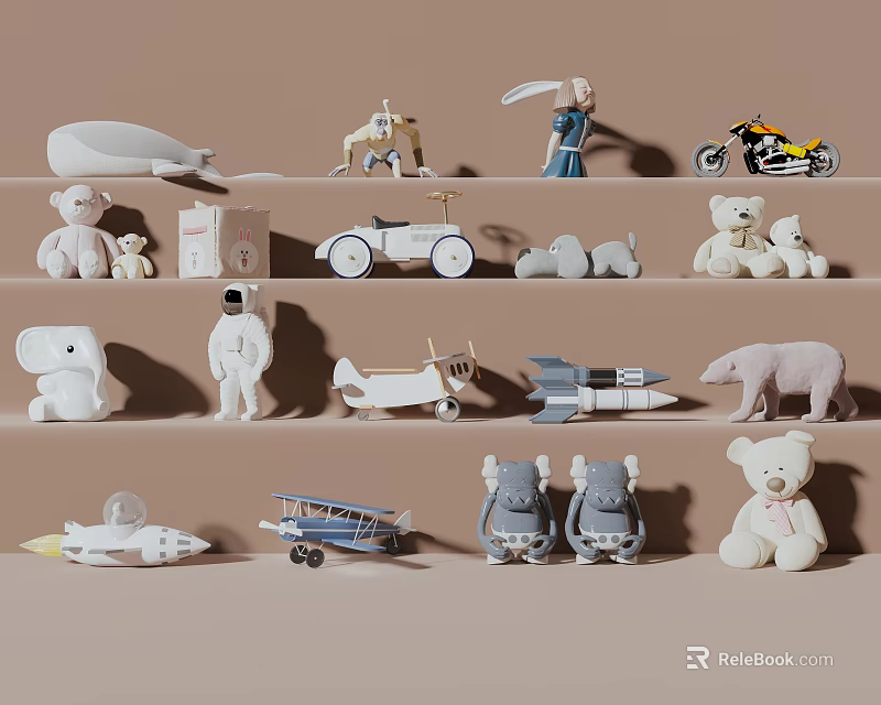 Collection Of Stuffed Dolls And Toys With Teddy Bears Astronaut Airplane Motorcycle Elephant 3d model 
