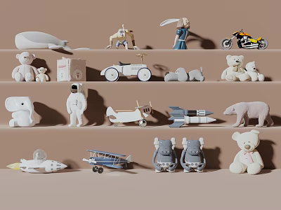 Collection Of Stuffed Dolls And Toys With Teddy Bears Astronaut Airplane Motorcycle Elephant 3d model